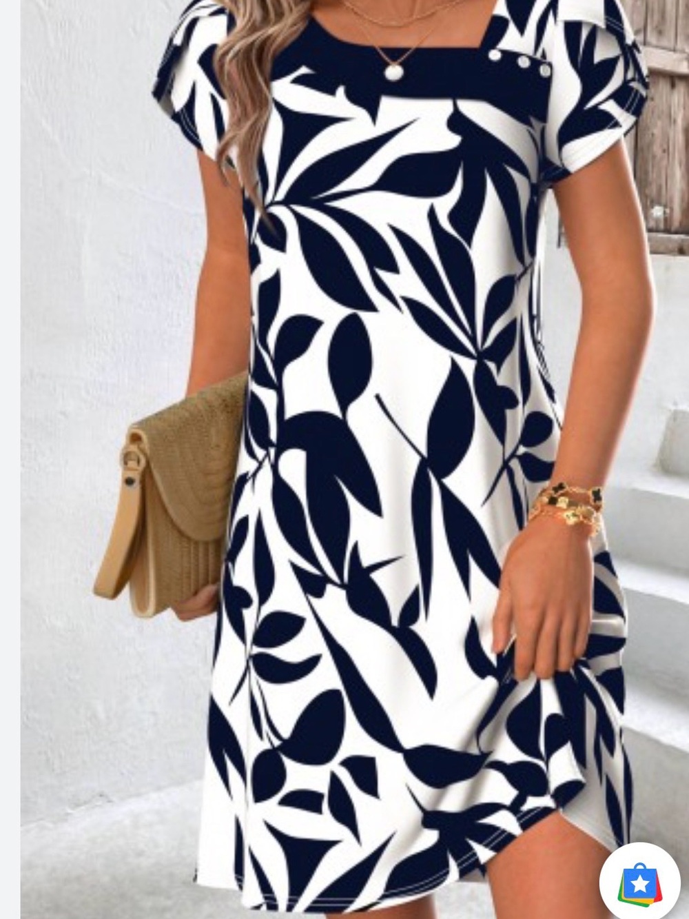 Women’s Navy & White Leaf Print Short Sleeve Dress